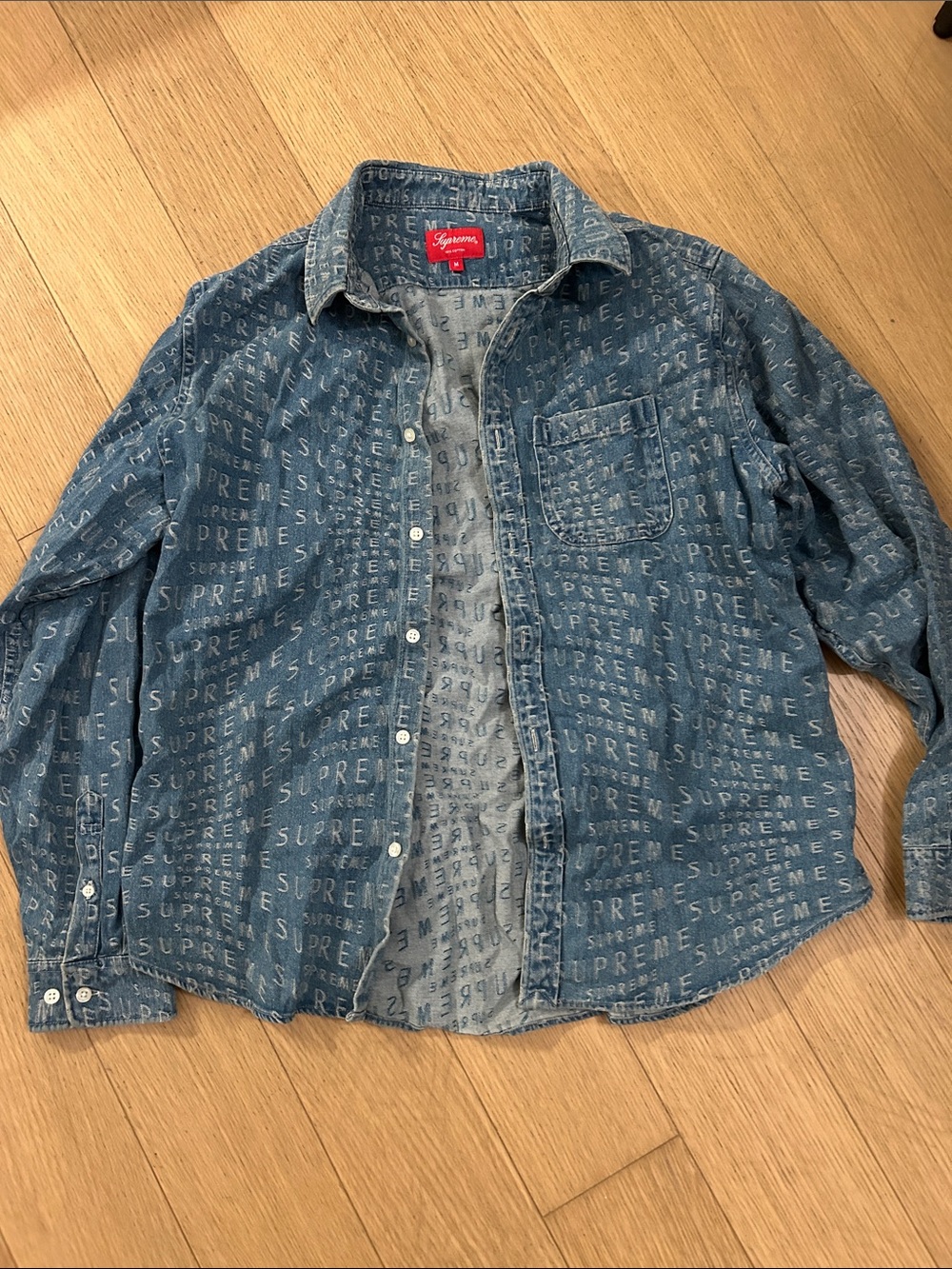 Supreme All-Over Logo Denim Shirt Jacket - Denim Blue